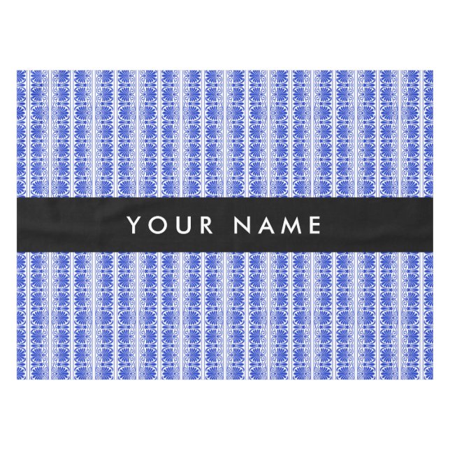 Greek Fret Arabesque Blue, Your Name, Personalise Tablecloth (Front (Horizontal))