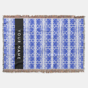 Greek Fret Arabesque Blue, Your Name, Personalise Throw Blanket