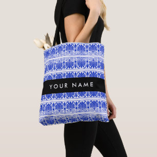 Greek Fret Arabesque Blue, Your Name, Personalise Tote Bag