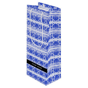 Greek Fret Arabesque Blue, Your Name, Personalise Wine Gift Bag