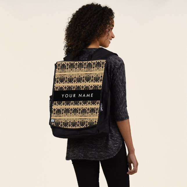 Greek Fret Arabesque Brown, Your Name, Personalise Backpack (Worn)