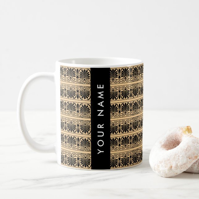 Greek Fret Arabesque Brown, Your Name, Personalise Coffee Mug (With Donut)