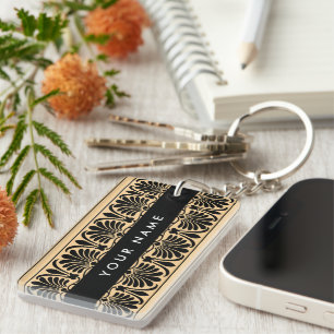 Greek Fret Arabesque Brown, Your Name, Personalise Key Ring