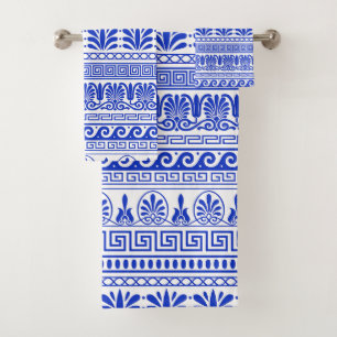 Greek Fret, Mediterranean Pattern, Blue Bath Towel Set