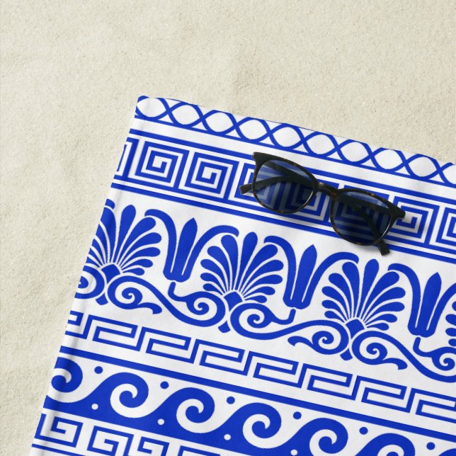 Greek Fret, Mediterranean Pattern, Blue Beach Towel (In Situ)