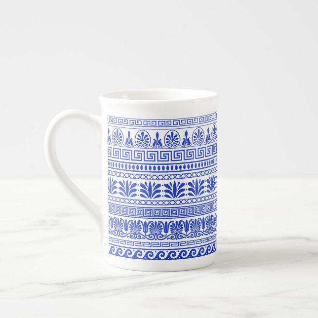 Greek Fret, Mediterranean Pattern, Blue Bone China Mug (Left)