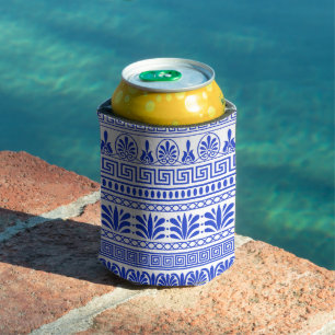 Greek Fret, Mediterranean Pattern, Blue Can Cooler
