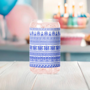 Greek Fret, Mediterranean Pattern, Blue Can Glass