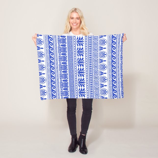 Greek Fret, Mediterranean Pattern, Blue Fleece Blanket (In Situ)
