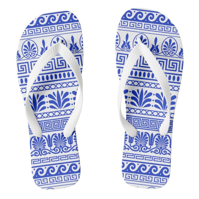 Greek Fret, Mediterranean Pattern, Blue Flip Flops (Footbed)