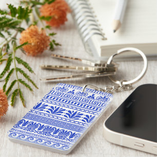 Greek Fret, Mediterranean Pattern, Blue Key Ring