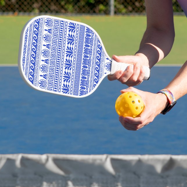 Greek Fret, Mediterranean Pattern, Blue Pickleball Paddle (Insitu)