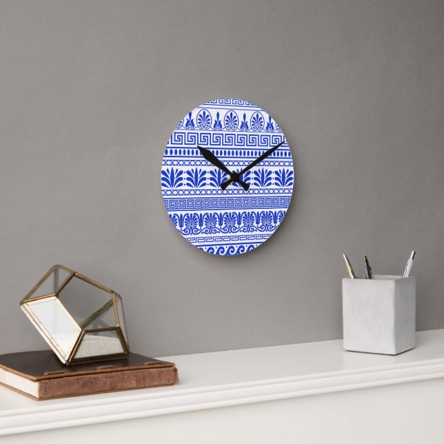 Greek Fret, Mediterranean Pattern, Blue Round Clock (Office)