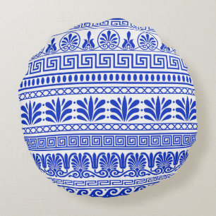 Greek Fret, Mediterranean Pattern, Blue Round Cushion