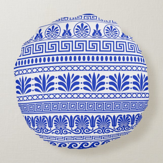 Greek Fret, Mediterranean Pattern, Blue Round Cushion (Back)
