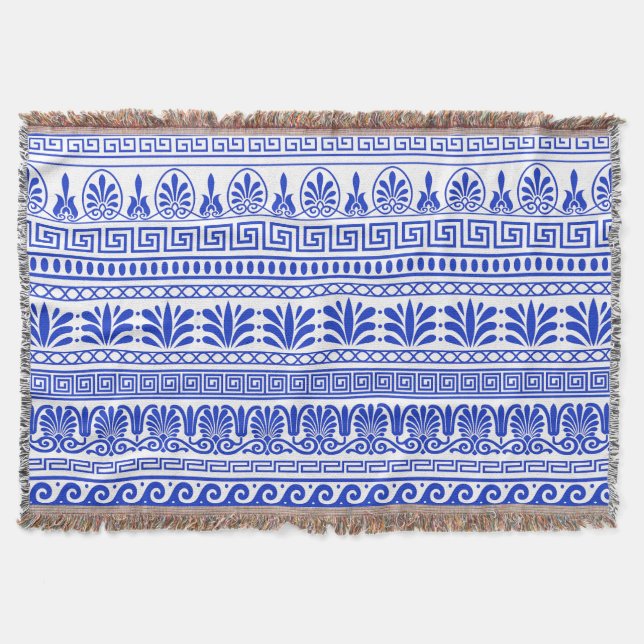 Greek Fret, Mediterranean Pattern, Blue Throw Blanket (Front)