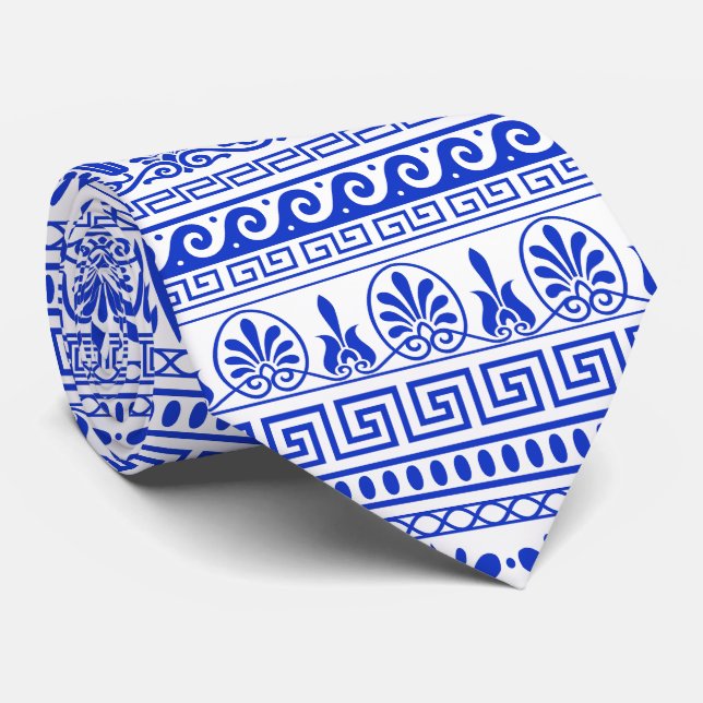 Greek Fret, Mediterranean Pattern, Blue Tie (Rolled)
