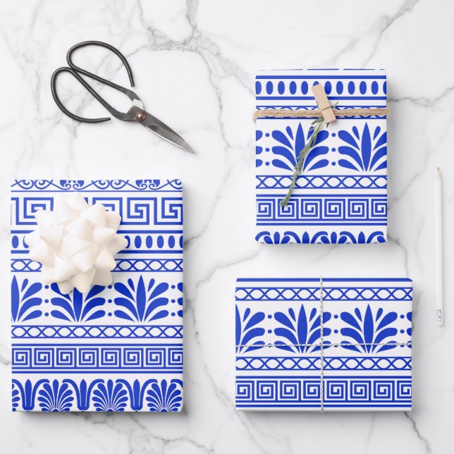 Greek Fret, Mediterranean Pattern, Blue Wrapping Paper Sheet (Front)