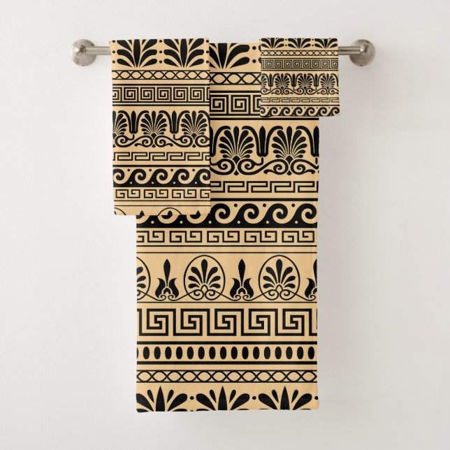 Greek Fret, Mediterranean Pattern, Brown Bath Towel Set (Insitu)
