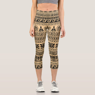 Greek Fret, Mediterranean Pattern, Brown Capri Leggings