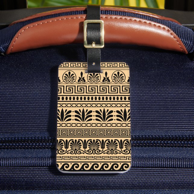 Greek Fret, Mediterranean Pattern, Brown Luggage Tag (Front Insitu 2)
