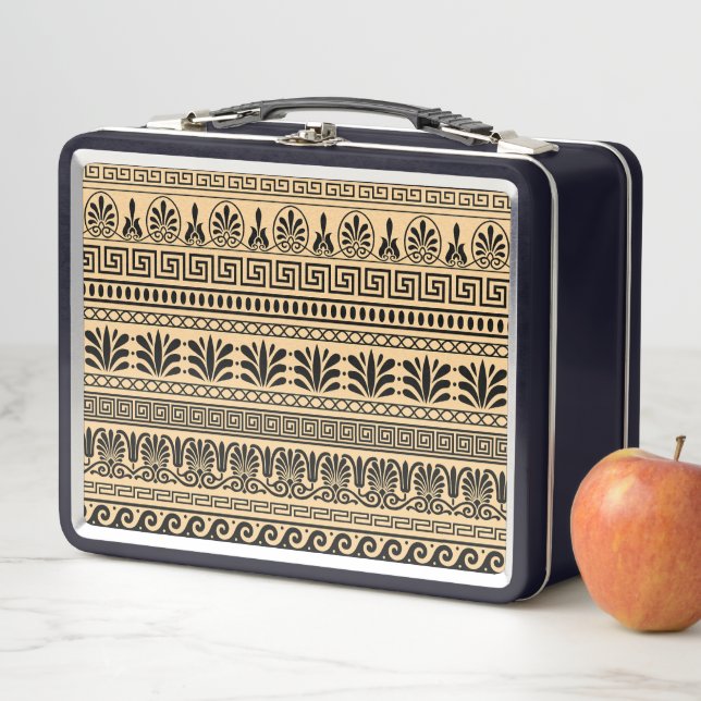 Greek Fret, Mediterranean Pattern, Brown Metal Lunch Box (In Situ)