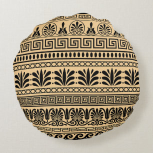 Greek Fret, Mediterranean Pattern, Brown Round Cushion
