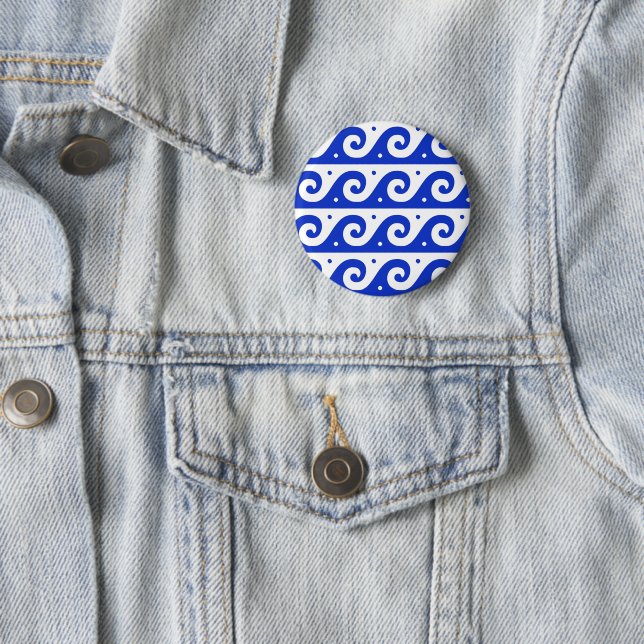 Greek Fret, Mediterranean Wave Pattern, Blue 6 Cm Round Badge (In Situ)
