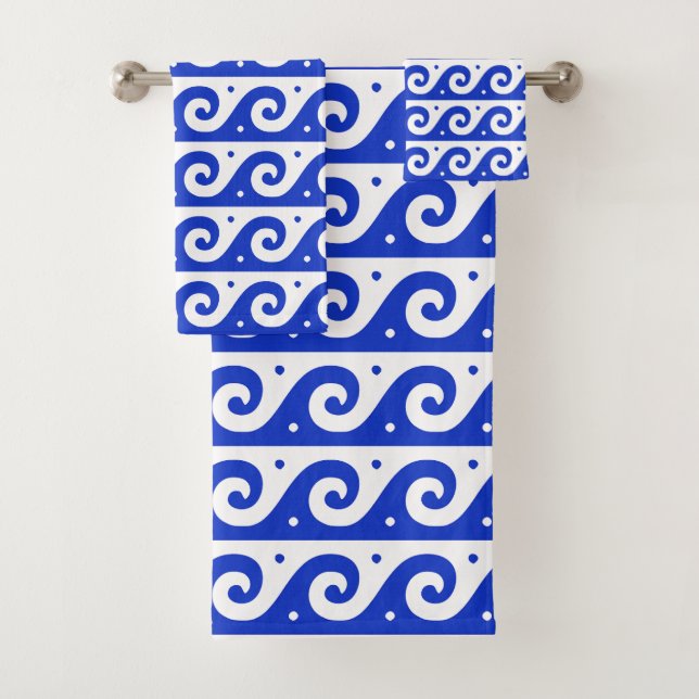 Greek Fret, Mediterranean Wave Pattern, Blue Bath Towel Set (Insitu)