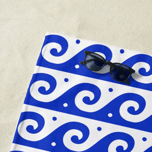 Greek Fret, Mediterranean Wave Pattern, Blue Beach Towel (In Situ)