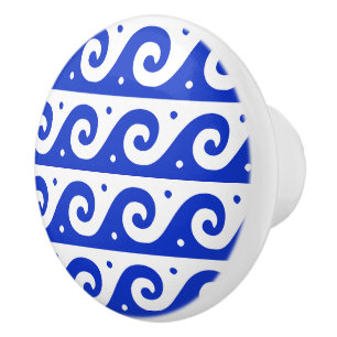 Greek Fret, Mediterranean Wave Pattern, Blue Ceramic Knob
