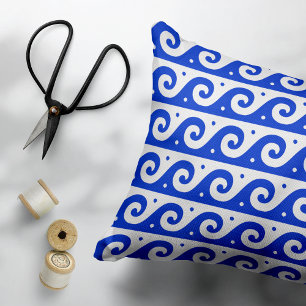 Greek Fret, Mediterranean Wave Pattern, Blue Decorative Cushion