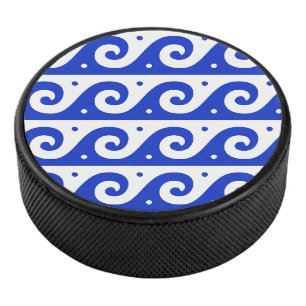 Greek Fret, Mediterranean Wave Pattern, Blue Hockey Puck
