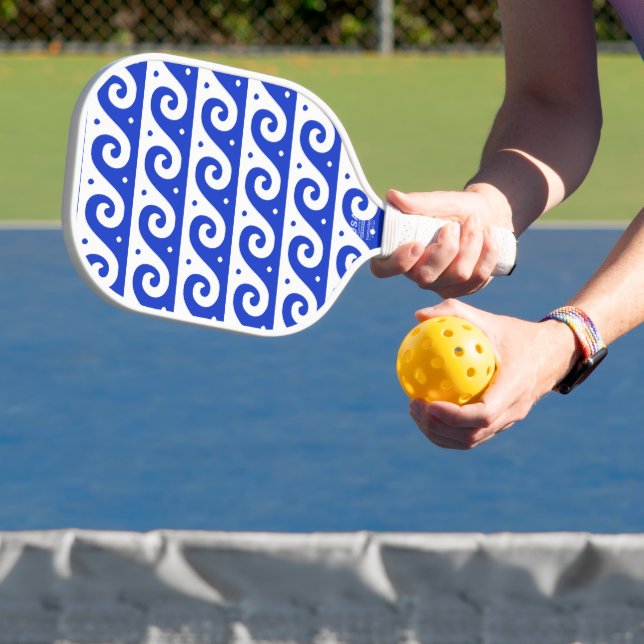 Greek Fret, Mediterranean Wave Pattern, Blue Pickleball Paddle (Insitu)