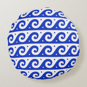 Greek Fret, Mediterranean Wave Pattern, Blue Round Cushion