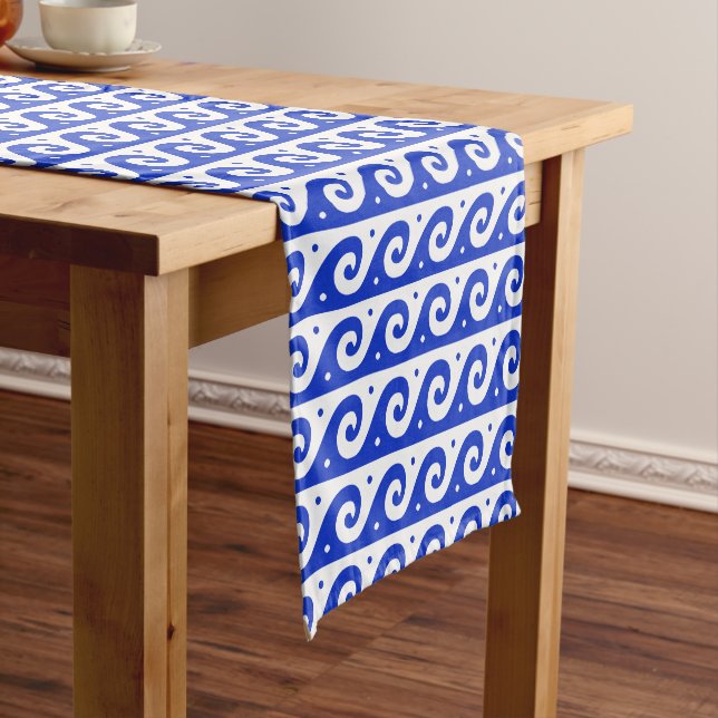 Greek Fret, Mediterranean Wave Pattern, Blue Short Table Runner (In Situ)