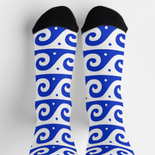 Greek Fret, Mediterranean Wave Pattern, Blue Socks