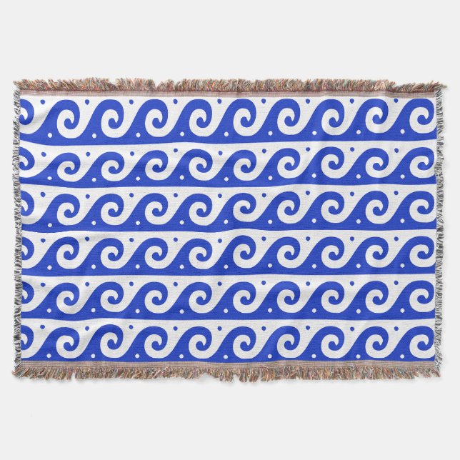 Greek Fret, Mediterranean Wave Pattern, Blue Throw Blanket (Front)