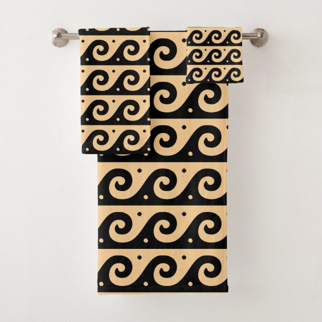 Greek Fret, Mediterranean Wave Pattern, Brown Bath Towel Set (Insitu)