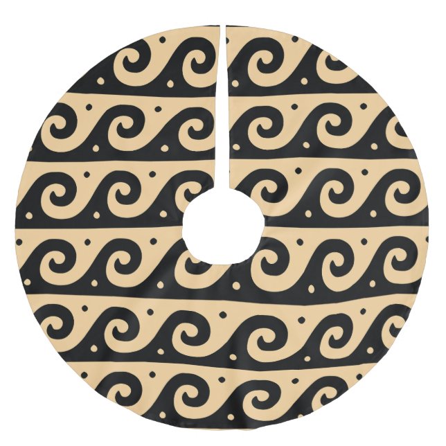 Greek Fret, Mediterranean Wave Pattern, Brown Brushed Polyester Tree Skirt (Front)