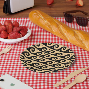 Greek Fret, Mediterranean Wave Pattern, Brown Paper Plate