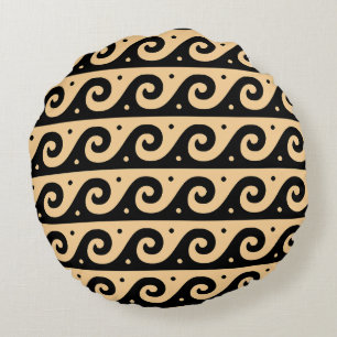 Greek Fret, Mediterranean Wave Pattern, Brown Round Cushion