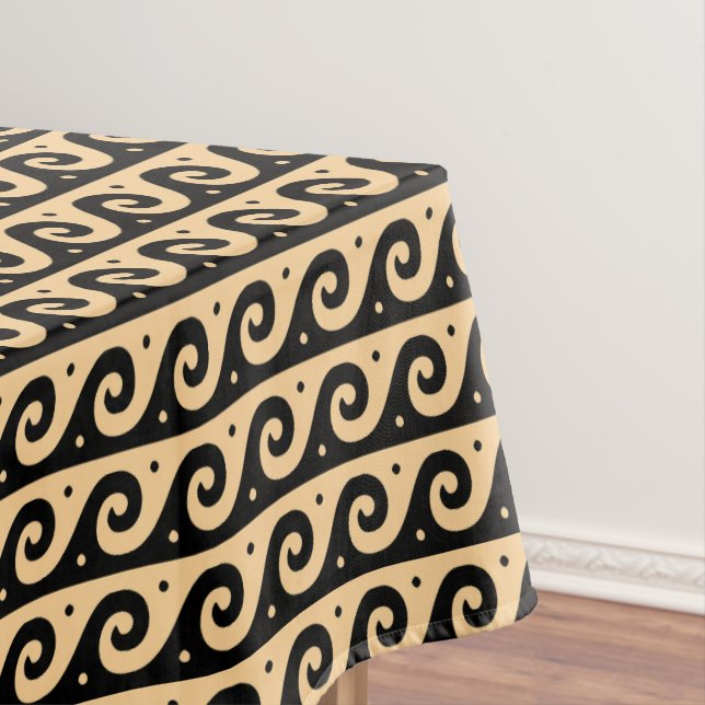 Greek Fret, Mediterranean Wave Pattern, Brown Tablecloth (In Situ)