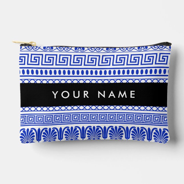 Greek Fret, Mixed Meander Key, Blue, Your Name Accessory Pouch (Front)