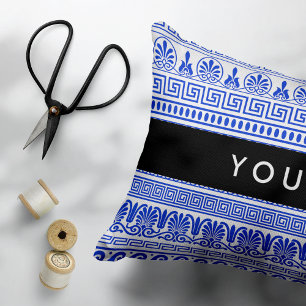 Greek Fret, Mixed Meander Key, Blue, Your Name Decorative Cushion