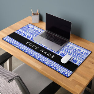 Greek Fret, Mixed Meander Key, Blue, Your Name Desk Mat