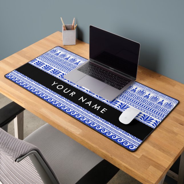 Greek Fret, Mixed Meander Key, Blue, Your Name Desk Mat (Office 2)