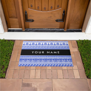 Greek Fret, Mixed Meander Key, Blue, Your Name Doormat