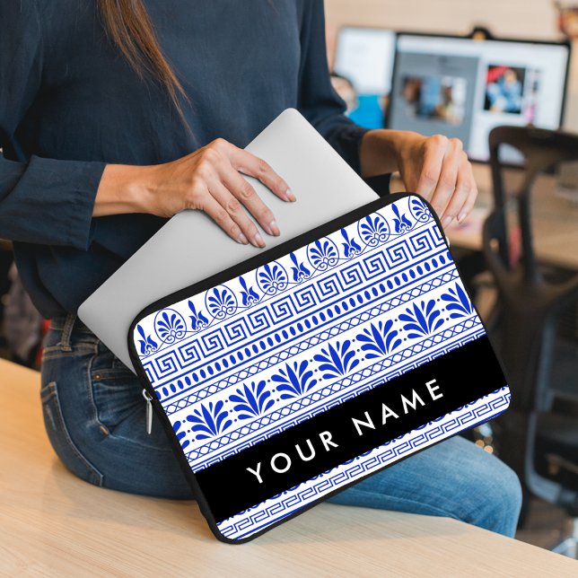 Greek Fret, Mixed Meander Key, Blue, Your Name Laptop Sleeve (Creator Uploaded)