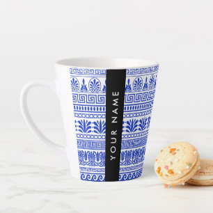 Greek Fret, Mixed Meander Key, Blue, Your Name Latte Mug